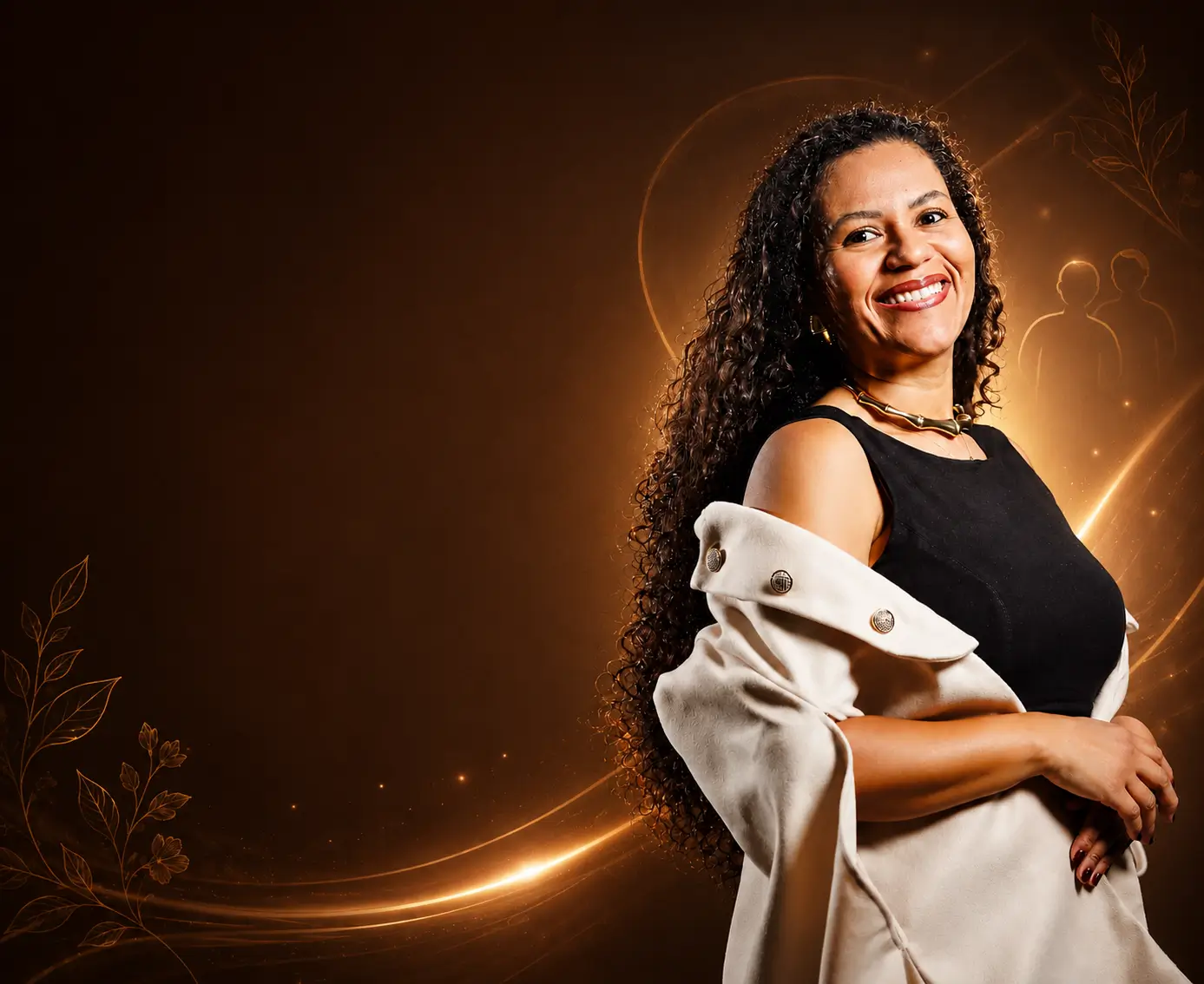 Danielle Ribeiro, à direita, sorrindo, sobre fundo dourado escuro.
